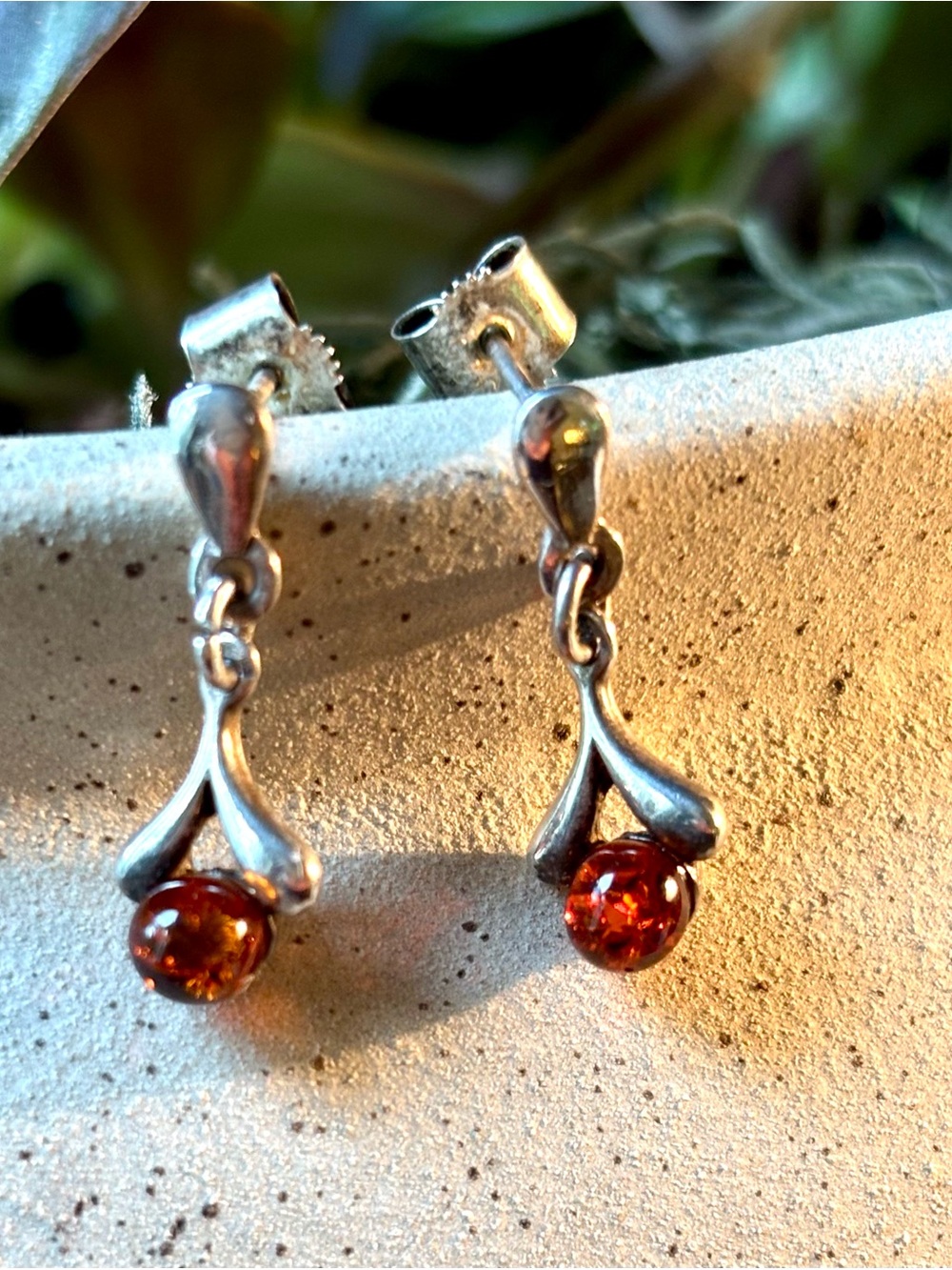 Sterling Silver Drop Earrings with Real Amber